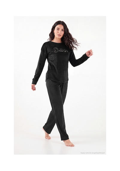 Lela Bisiklet Yaka Yumuşak Dokulu Parlak Kadife Pijama Takımı Kadın Pijama Takımı 6094209 Siyah