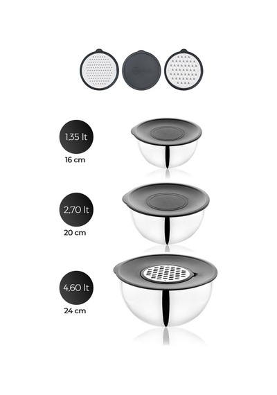 Pratikşef 9 Parça Rendeli Karıştırma Ve Saklama Kabı Paslanmaz Çelik Blender Uyumlu 16-20-24 Cm Gümüş