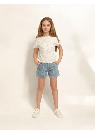 Escabel Kız Çocuk Pamuklu Yuvarlak Yaka Yarım Kol Taşlı T-shirt-15669 Ekru
