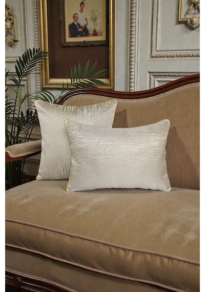 Kırlent Kılıfı Çizgili Desenli Jakarlı Dokuma Kumaş 2'li 45x45 Ve 35x50 Çift Taraflı Biyeli Vizon