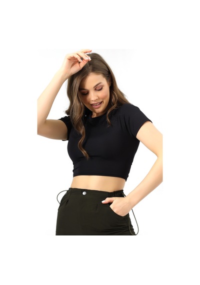 Winmoda34 Kadın Siyah Sırt Dekolteli Crop/krop Beli Lastik Dertaylı Bluz Siyah