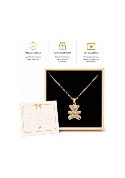 Çelik Taşlı Ayıcık Kolye Gold Teddy Bear Kadın Kolye Altın Altın