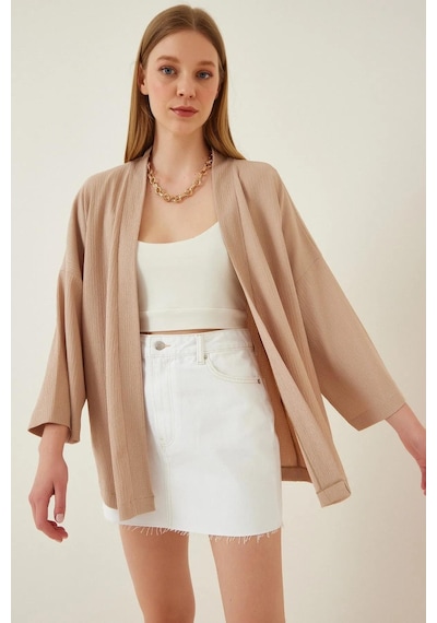 Trend Alisse Kadın Taş Bürümcük Kimono Ceket-düz Taş/bej Bej