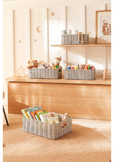 Ocean Home Textile Çocuk Odası Yıkanabilir Gri Pp Rattan Sepet 30 X 20 X 11 Cm