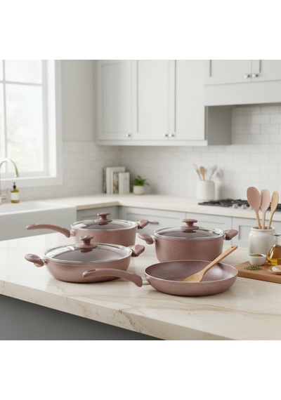 Argos 7 Parça Tencere Ve Tava Seti - Pembe Kırçıl Renkli Yanmaz Yapışmaz Çeyiz Paketi Cam Kapaklı 20/24/26 Cm T Diğer