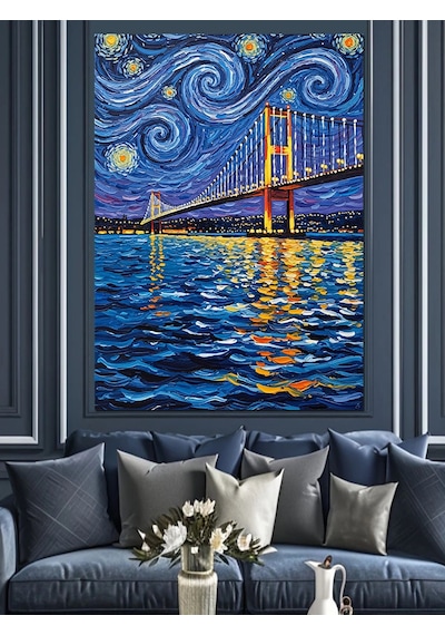 Van Gogh Yıldızlı Gece Köprü Soyut Dekoratif Kanvas - Mdf Ahşap Tablo