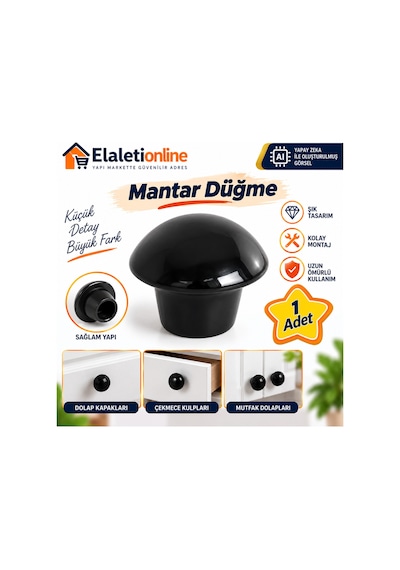 Mantar Düğme Metal Siyah Yuvarlak Mobilya Mutfak Çekmece Çocuk Odası Dolap Kulpu Kulpları Kulbu Siyah - 925624211 Siyah