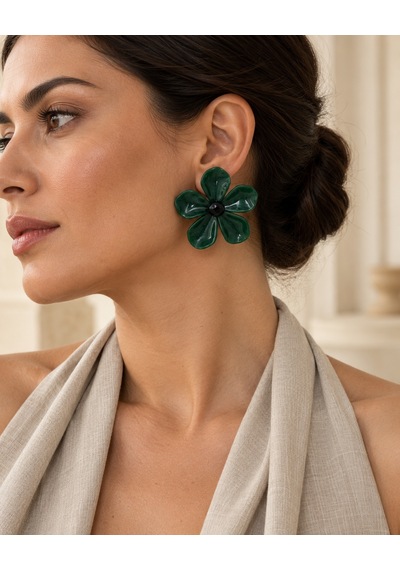 Dora's Shine Zra Model Flora Koyu Yeşil Çiçek Küpe Siyah Detaylı, Parlak Beş Yapraklı Büyük Boy Tasarım Çok Renkli
