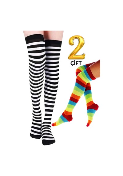 Kral Socks Kadın Dizüstü Çorap 2 Çift Düz Çizgili Pamuklu Dizüstü Siyah