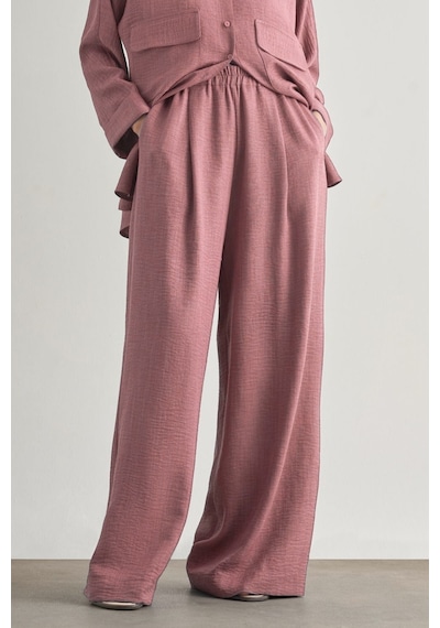Mizalle Keten Dokulu Beli Lastikli Pudra Pembe Bol Kesim Pantolon Pudra