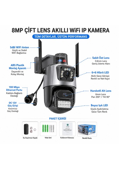 Ultratekno Ic-d9 8mp Çift Lens Ptz Akıllı Wifi Güvenlik Kamerası