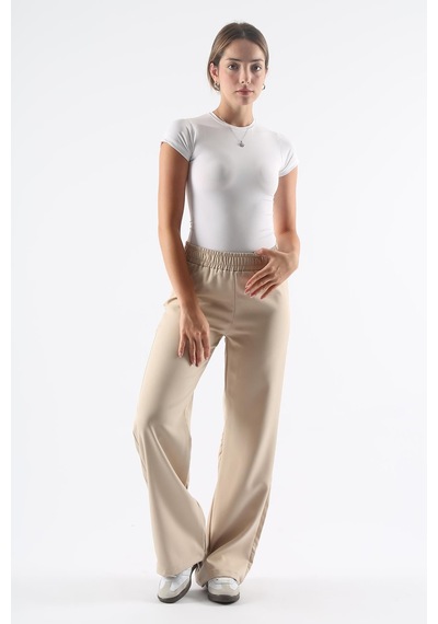Dokuma Bej Geniş Paça Beli Lastikli Basic Uzun Kadın Pantolon Sh191 S
