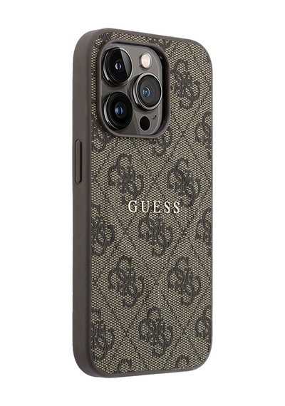 İphone 15 Pro Uyumlu Kılıf Guess Lisanslı M-safe Kabartmalı 4g Desenli Yazı Logolu Kapak Kahverengi
