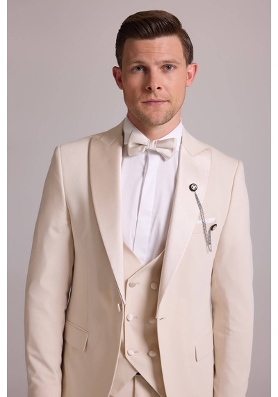 Ysf Erkek Krem Slim Fit Kırlangıç Yaka Yelekli Damatlık