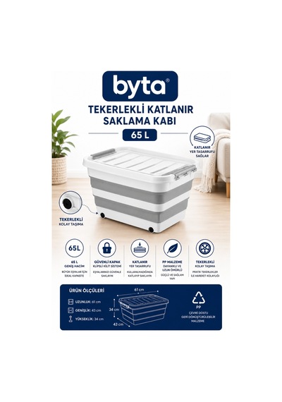 65 Litre Tekerlekli Katlanır Saklama Kabı Kapaklı Çok Amaçlı Düzenleme Ve Depolama Kutusu Gri