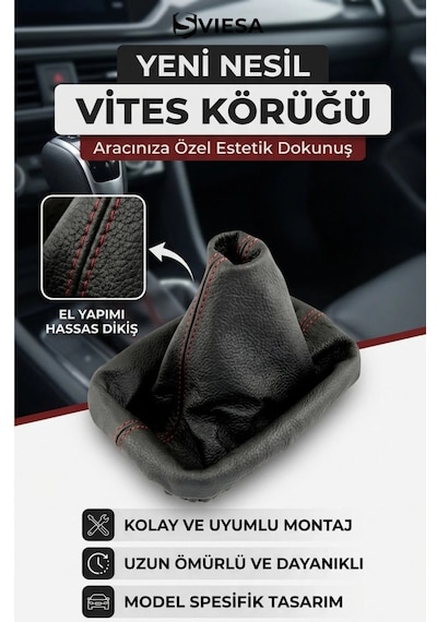 Vites Körüğü Kırmızı Dikişli Deri - Tüm Araçlarla Uyumlu Siyah Vites Kılıfı Vites Körük Siyah - Kırmızı