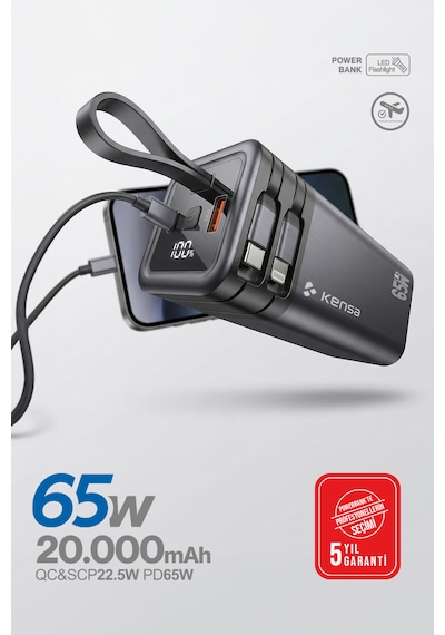 65w Pd Süper Hızlı 20.000mah Dahili Kablolu Taşınabilir Hızlı Şarj Aleti Powerbank siyah