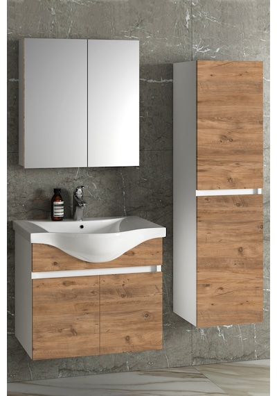 Yıldız 55+35 Cm Beyaz-atlantik Çam Mdf Seramik Lavabolu Asma Banyo Dolabı Takımı Beyaz - Atlantik Çam