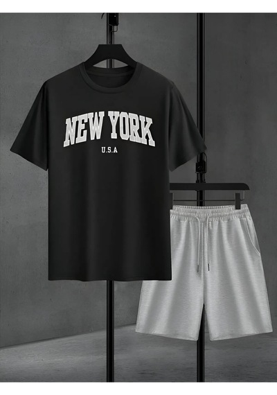 Uyguntarz Unisex New York U.s.a Tasarım Basklı Tshirt Şort Takımı Siyah