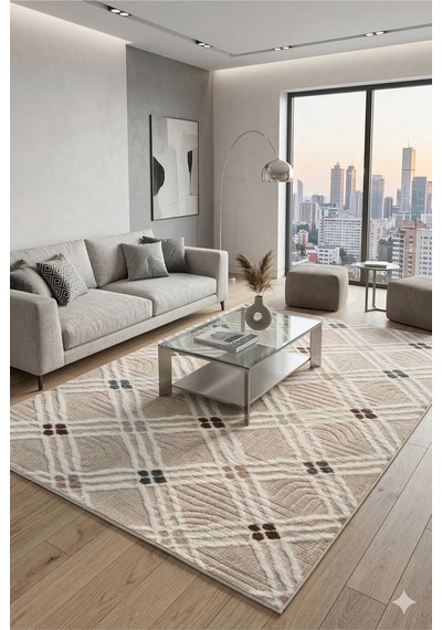 Modern Geometrik Desenli Bej Halı Soft Renkli Salon Halısı Dekoratif Kaymaz Tabanlı Halı Fch3010 Bej