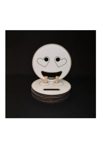 Ahşap Figürlü 6'lı Bardak Altlığı - Emojiler - Beyaz - Lazer Çizm Beyaz
