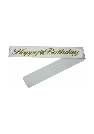 Kumaş Kuşak Happy Birthday Beyaz - Altın Yetişkin