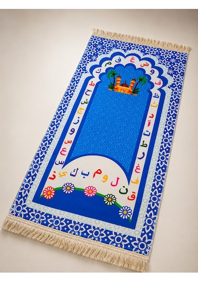Çocuk Seccadesi 97x45 Cm Arapça Alfabeli Püsküllü Namaz Seccadesi Mavi