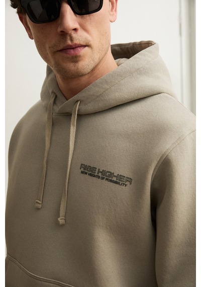 Grımelange Plaın Erkek Organik Pamuklu İçi Polarlı Kangru Cepli Bakılı Rwgular Taş Rengi Sweatshirt Taş Rengi