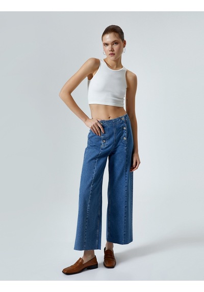 Koton Geniş Kısa Paça Kot Pantolon Düğmeli Yüksek Bel - Sandra Jeans Orta İndigo 4sal40087md 4SAL40087MDMID İndigo Koton Geniş Kısa Paça Kot Pantolon Düğmeli Yüksek Bel - Sandra Jeans Orta İndigo 4sal40087md 4SAL40087MDMID İndigo