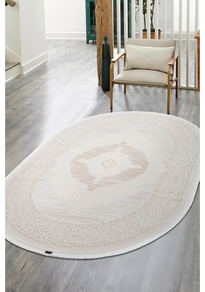 Truva 8342 Oval Krem Halı Bej Kalın Akrilik Tozuaz Modern Klasik Oval Salon Halısı Koridor-1069 Krem
