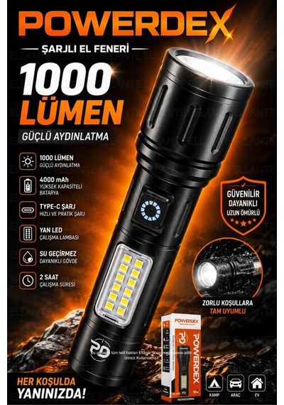 Şarjlı El Feneri 1000 Lümen 4000 Mah Bataryalı Type-c Şarjlı Yan Led Kamp Tamir Acil Durum Feneri Pd Çok Renkli
