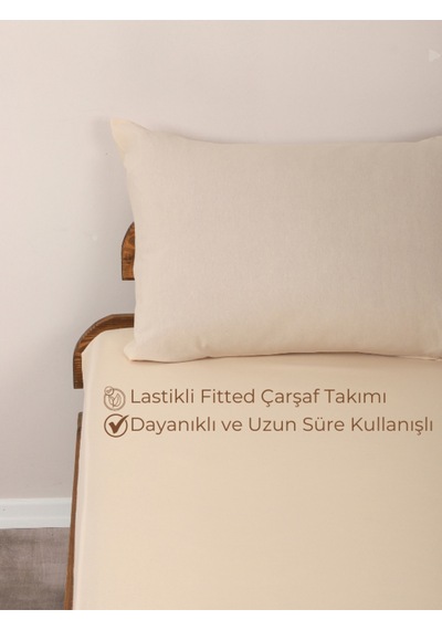 Bej Tek Lastikli Çarşaf Takımı Fitted Pamuklu Kumaş Yastık Kılıflı