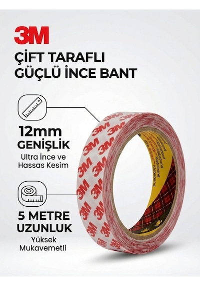 3m Çift Taraflı Güçlü İnce Bant 12 Mm X 5 Metre - Şeffaf Yüksek Yapışma Kuvvetli