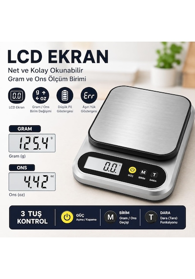 Nvg Dijital Mutfak Terazisi 10 Kg Yüksek Kapasite Hassas Ölçüm Gram Ons Ölçer 0,1g 1g Hassasiyet Tare Dara Fonksiyonlu Gümüş