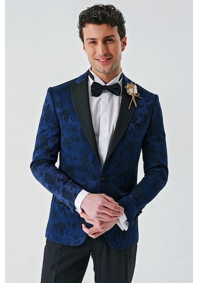 İmza Koyu Lacivert Çıkarılabilir Kırlangıç Yaka Likralı 6 Drop Slim Fit Smokin Damatlık 1001240204-Koyu Lacivert