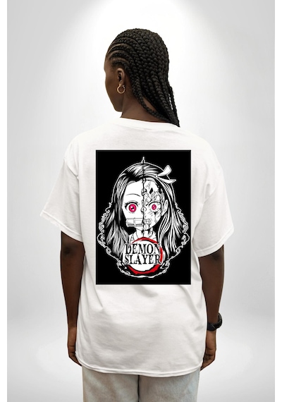 Anime Demon Slayer Beyaz Oversize Unisex Ön Ve Sırt Baskılı Tişört Beyaz