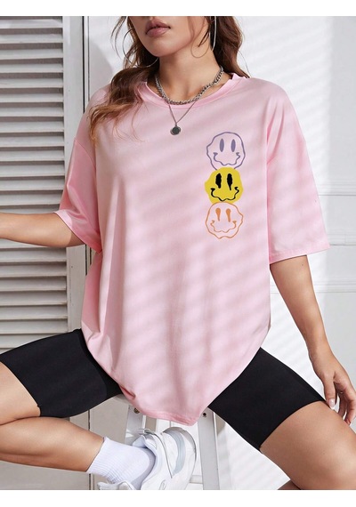 Noıssey Karikatür Ve Grafik Tasarım Oversize T-shirt Cartoon/letter Serisi Kod44 Pembe