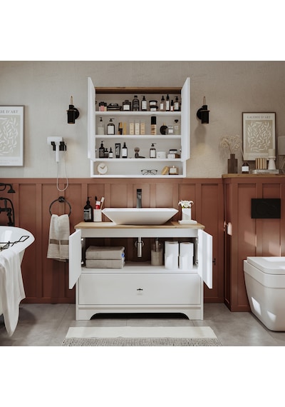 Lavabolu Mat Beyaz Mdf 100Cm Çekmeceli Banyo Dlp + Aynalı Üst Dlp Beyaz - Atlantik Çam