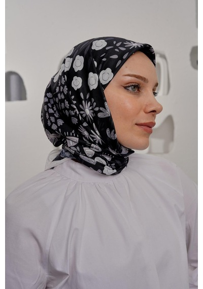 Afvente Çiçek Desen Siyah Soft -  Pamuk Eşarp
