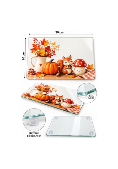 Gökçeoğlu Cam Kesme Tahtası Sonbahar Temalı - Cam Kesme Tablası 20cm X 30cm Çok Renkli