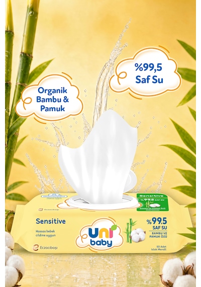 Uni Baby Sensitive Bambu & Pamuk Özlü Islak Bebek Mendil 12x50 600 Yaprak 12'li Set