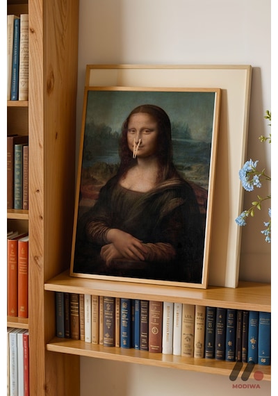 Mona Lisa Maskeli Parodi, Ahşap Çerçeveli Duvar Tablosu - Modern Ev Dekorasyonu