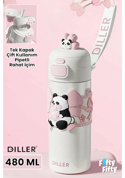 Dıller 480 Ml Tek Kapak Çift Kullanım Pipetli/pipetsiz Taşıma El Askılı Vacum Cup/çelik Termos -ffd9317-480 Beyaz