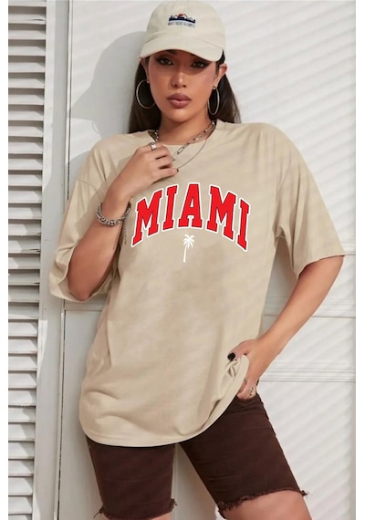 Unisex Miami Baskılı Tasarım Tshirt Bej