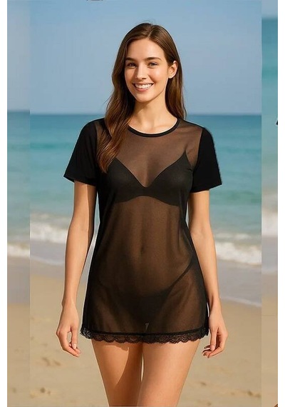 İntive Lingerie Kadın Siyah Şeffaf Tül Mini Gecelik