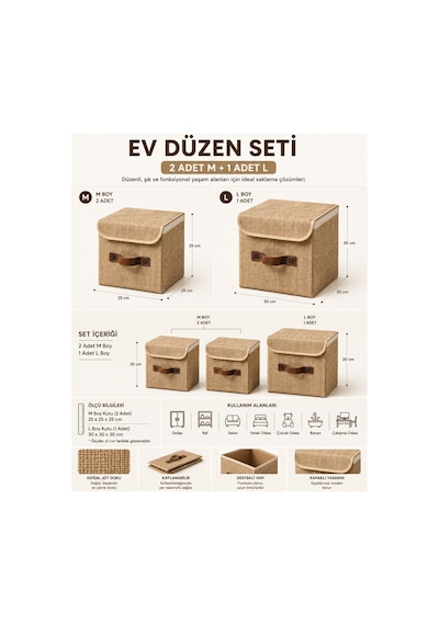 Jüt Kumaş Kapaklı Ev Düzen Seti 3lü Organizer Kutu 2 Adet M + 1 Adet L Katlanabilir Düzenleme Kutusu Organizer Seti Dolap, Raf Ve Banyo Düzeni İçin Doğal