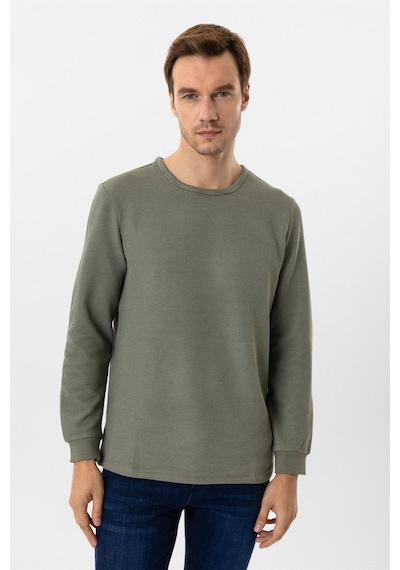 Süvari Yeşil Slim Fit Armürlü Bisiklet Yaka Triko Kazak