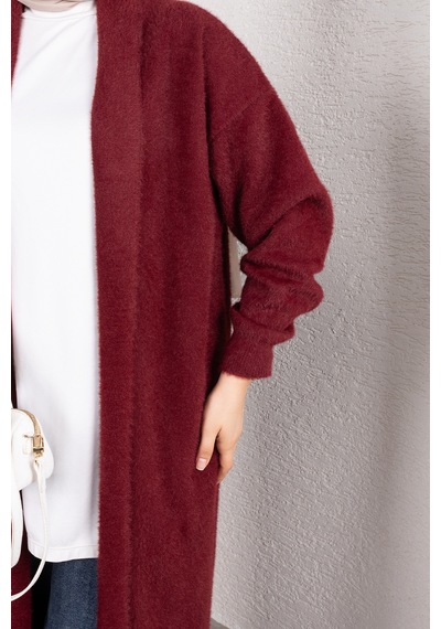 Hira Life Fashion Kadın Şal Yaka Uzun Triko Ve Sakallı Tüylü Hırka Bordo Bordo