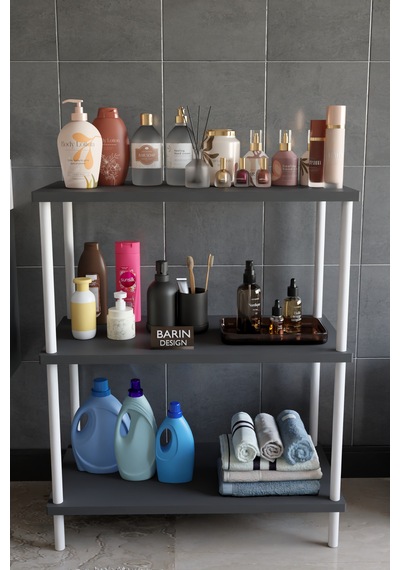 3 Raflı Çevir Tak Beyaz Metal Gövdeli Çok Amaçlı Banyo Rafı Ve Organizer Raf Banyo Dolabı Antrasit