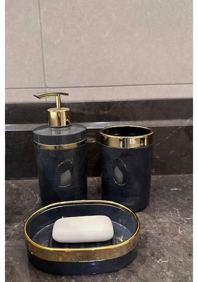 Makri Home Banyo Seti 5'li,akrilik-çöpkovası,wc Fırçalık,sıvı Sabunluk,diş Fırçalık,el Sabunluk,gold Renk Detay Gri